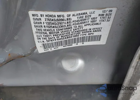 2010 Honda Pilot Ex-L из США, поврежденный, VIN 5FNYF4H52AB031892